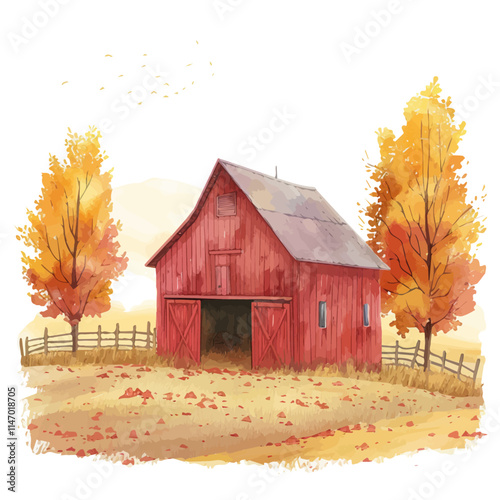 A watercolor vector painting of a rustic barn surrounded by autumn fields, isolated on a white background. Rustic barn vector.

