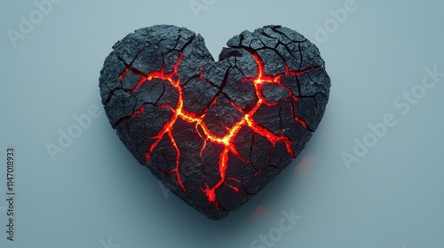 A cracked, black heart with glowing red fissures against a light background, symbolizing pain or emotional turmoil.