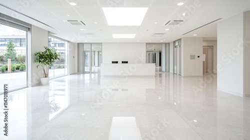 Modern, bright, empty office lobby with shiny floor, large windows, and minimalist design.