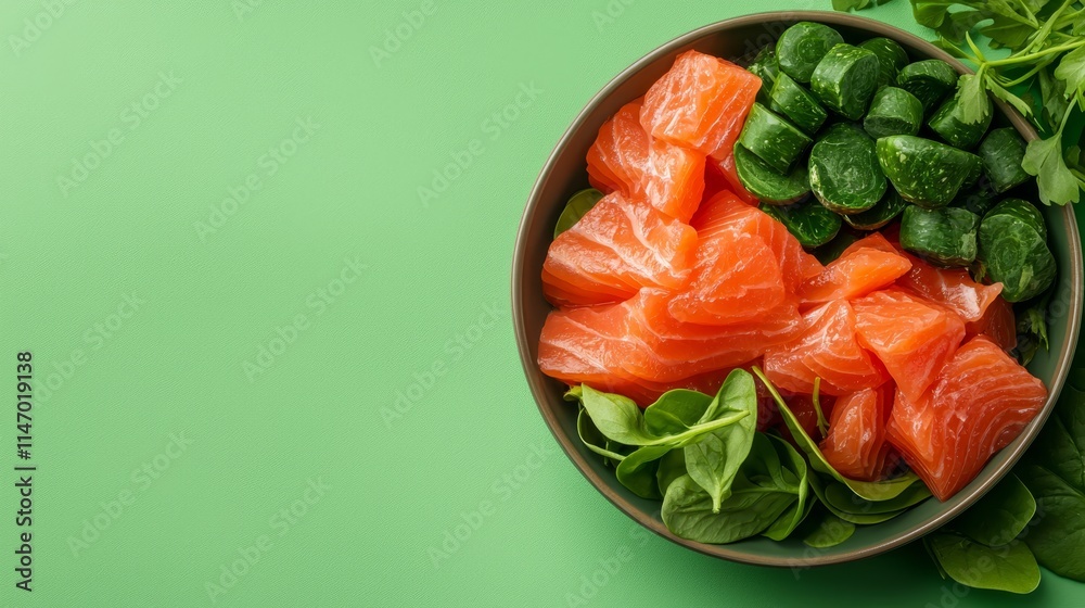 A bowl of salmon and spinach on a green background A bowl of salmon and spinach on a green background