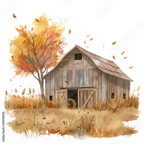 A watercolor vector painting of a rustic barn surrounded by autumn fields, isolated on a white background. Rustic barn vector.

