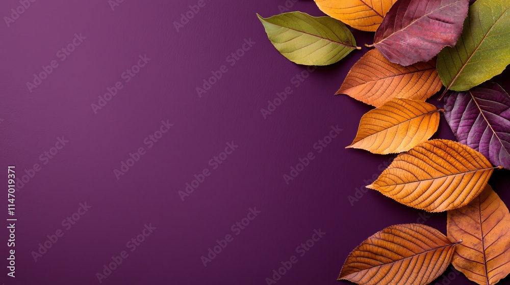A bunch of colorful leaves on a purple background A bunch of colorful leaves on a purple background