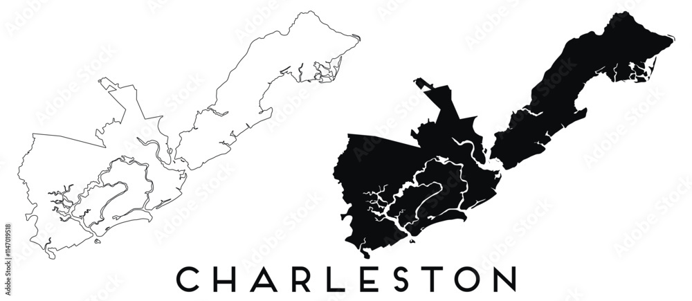Obraz premium Charleston County, South Carolina map outline and black silhouette vector