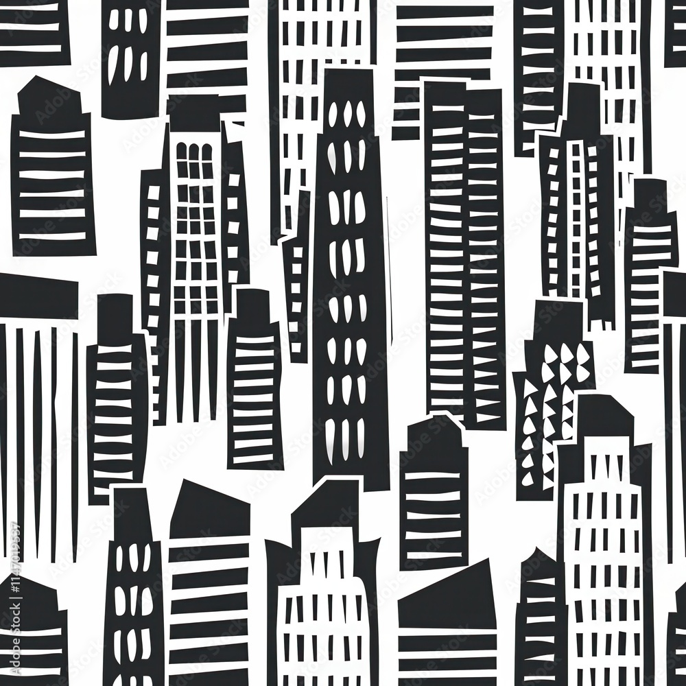 Obraz premium Abstract black and white urban skyline pattern featuring various building shapes and designs. Generative AI