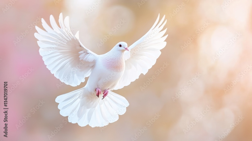 White dove in flight, wings spread wide, soft background. White dove in flight, wings spread wide, soft background.