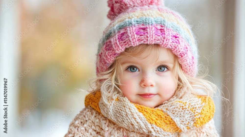 Adorable toddler girl in knitted hat and scarf. Adorable toddler girl in knitted hat and scarf.