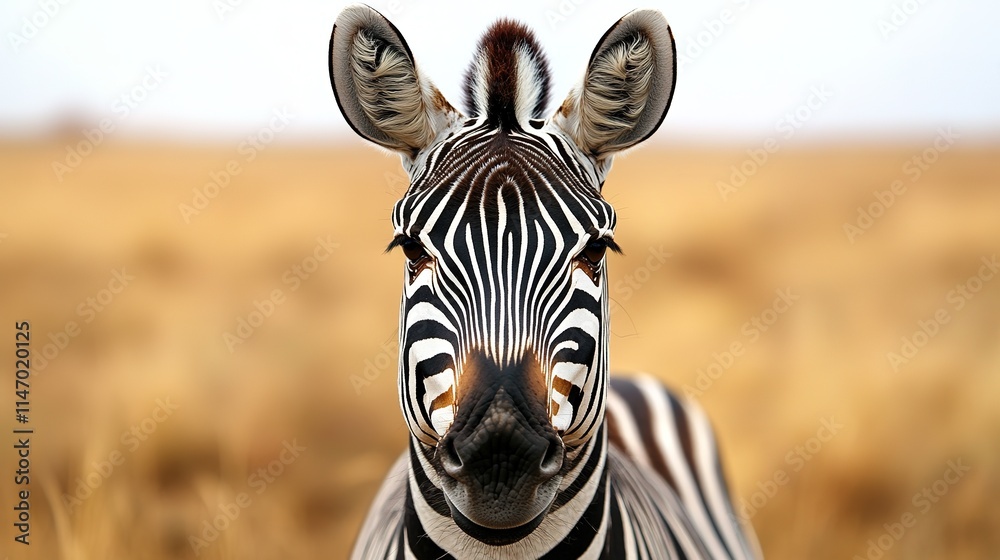 Fototapeta premium Majestic zebra gazes directly at viewer, showcasing striking bla