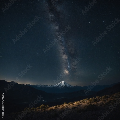 A nighttime shot of a mountain range with a star-filled sky above.