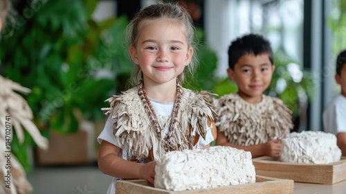 Happy children in traditional attire, learning cultural practices.