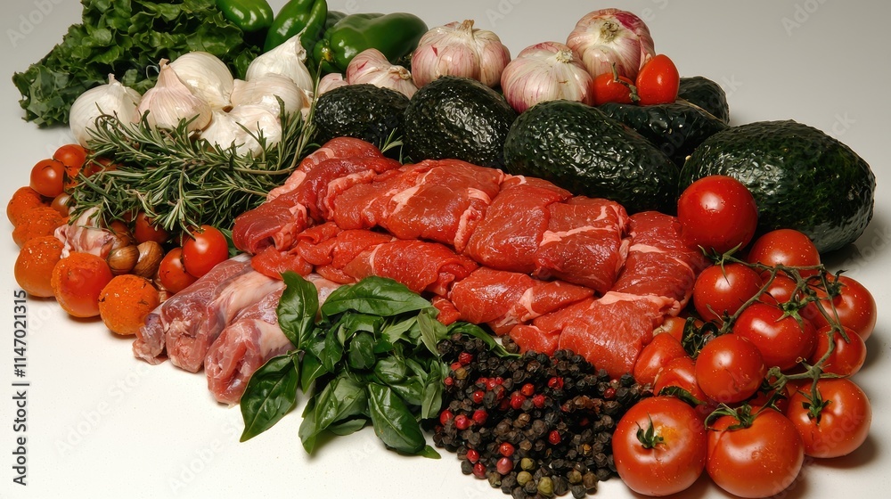 Fresh meat, vegetables, and herbs arranged for cooking. Fresh meat, vegetables, and herbs arranged for cooking.