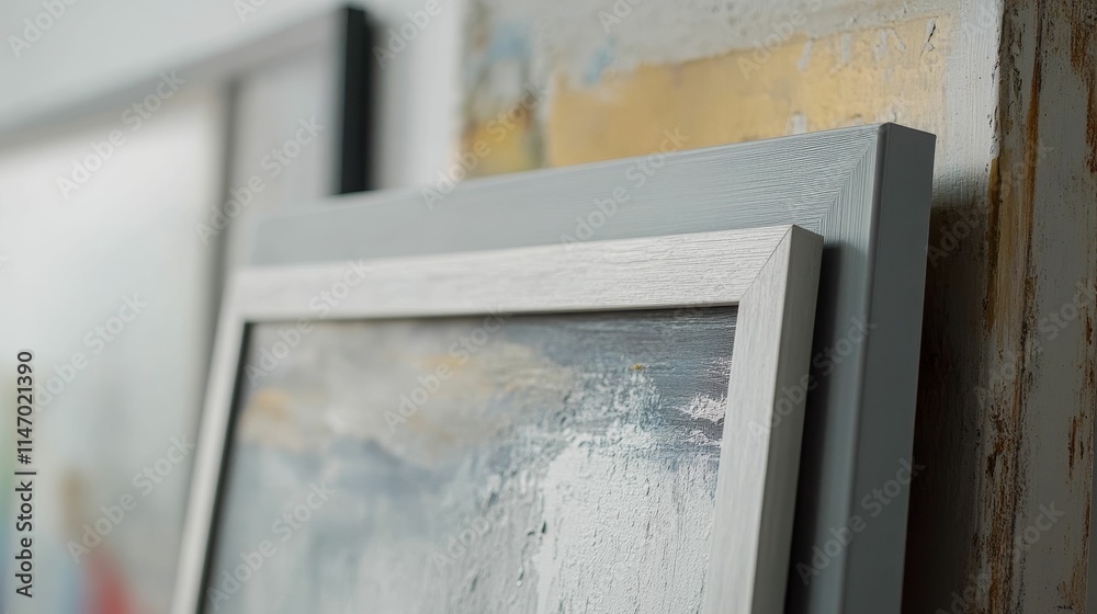 Gray-framed artwork leans against textured wall. Gray-framed artwork leans against textured wall.