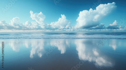 Serene ocean beach reflecting clouds in calm water.