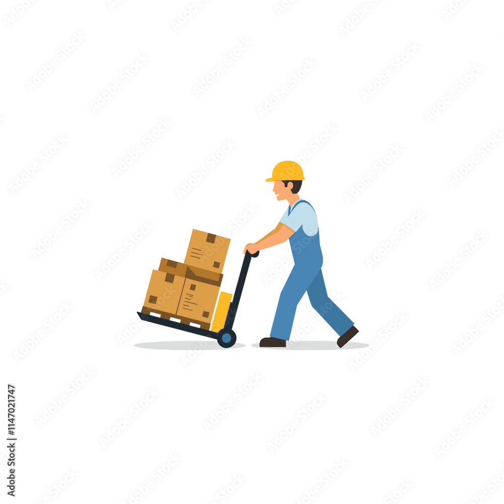 A warehouse worker skillfully maneuvers a manual pallet jack, expertly transporting stacks of boxes A warehouse worker skillfully maneuvers a manual pallet jack, expertly transporting stacks of boxes