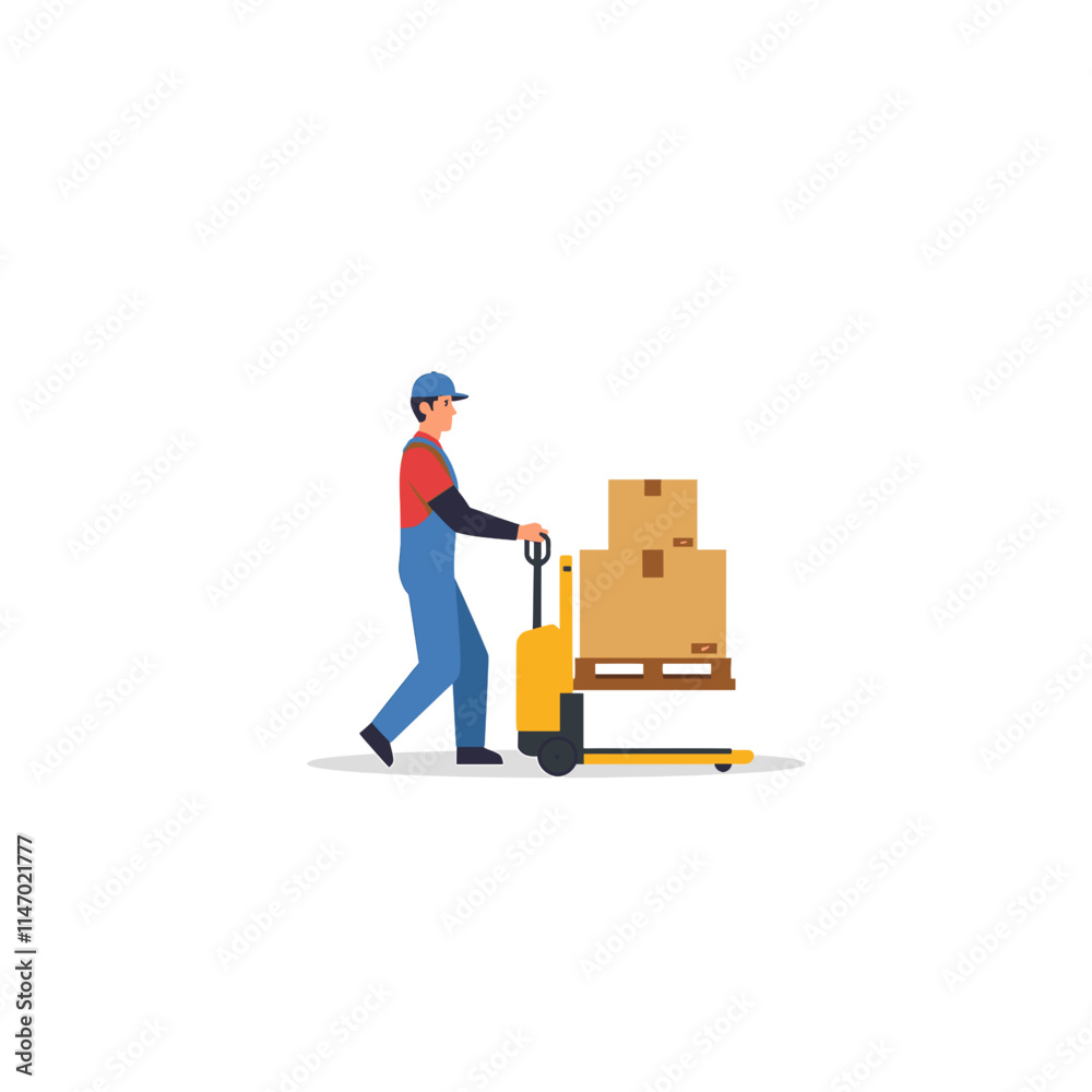 A warehouse worker skillfully maneuvers a pallet jack, expertly transporting stacks of boxes A warehouse worker skillfully maneuvers a pallet jack, expertly transporting stacks of boxes