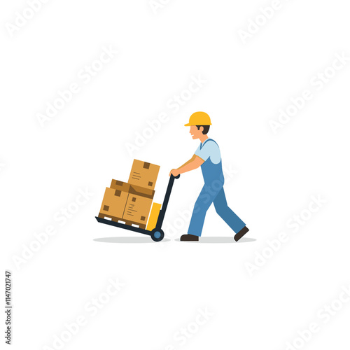 A warehouse worker skillfully maneuvers a manual pallet jack, expertly transporting stacks of boxes