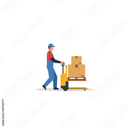 A warehouse worker skillfully maneuvers a pallet jack, expertly transporting stacks of boxes