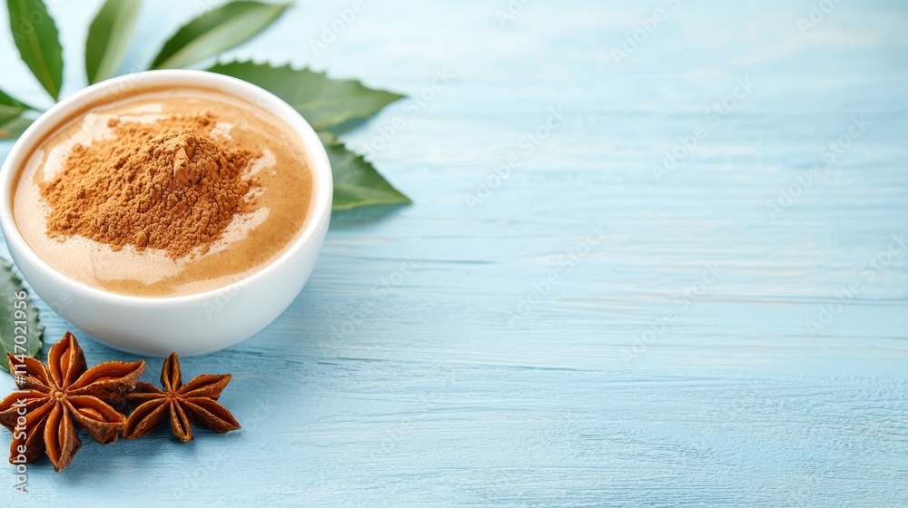 A cup of coffee with cinnamon and anise on a blue table A cup of coffee with cinnamon and anise on a blue table