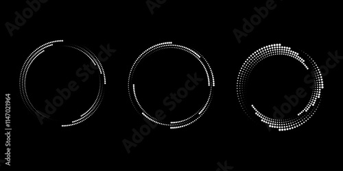 Set of white dotted vortex shapes. Geometric art. Circle form. Trendy design element for logo, tattoo, sign, symbol, web, prints, posters, social media, template, pattern, abstract backdrop