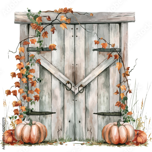 A watercolor vector painting of a rustic fall barn door with pumpkins and vines decor, isolated on a white background. Rustic fall barn door vector.

