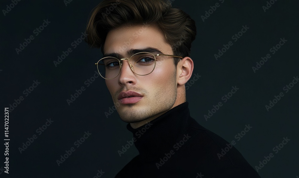 Man, stylish glasses, turtleneck, dark background. Man, stylish glasses, turtleneck, dark background.