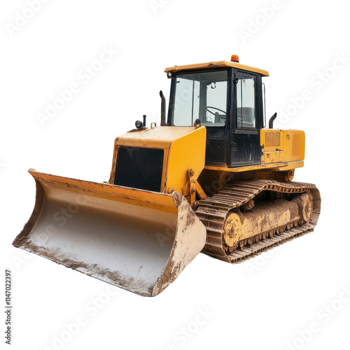 Heavy-duty yellow bulldozer with muddy tracks on an isolated background, symbolizing construction and strength.