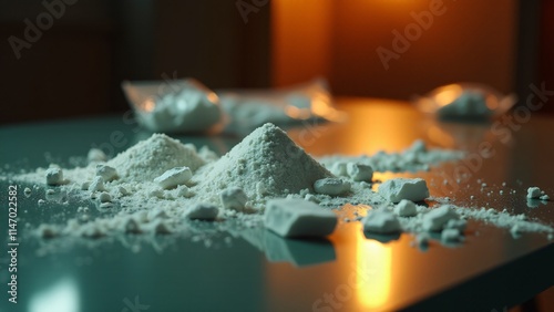 Crack rocks on a mirrored surface with a warm light, lighter, and baggies nearby. The reflective table creates sharp contrasts, adding raw, striking realism to the scene photo