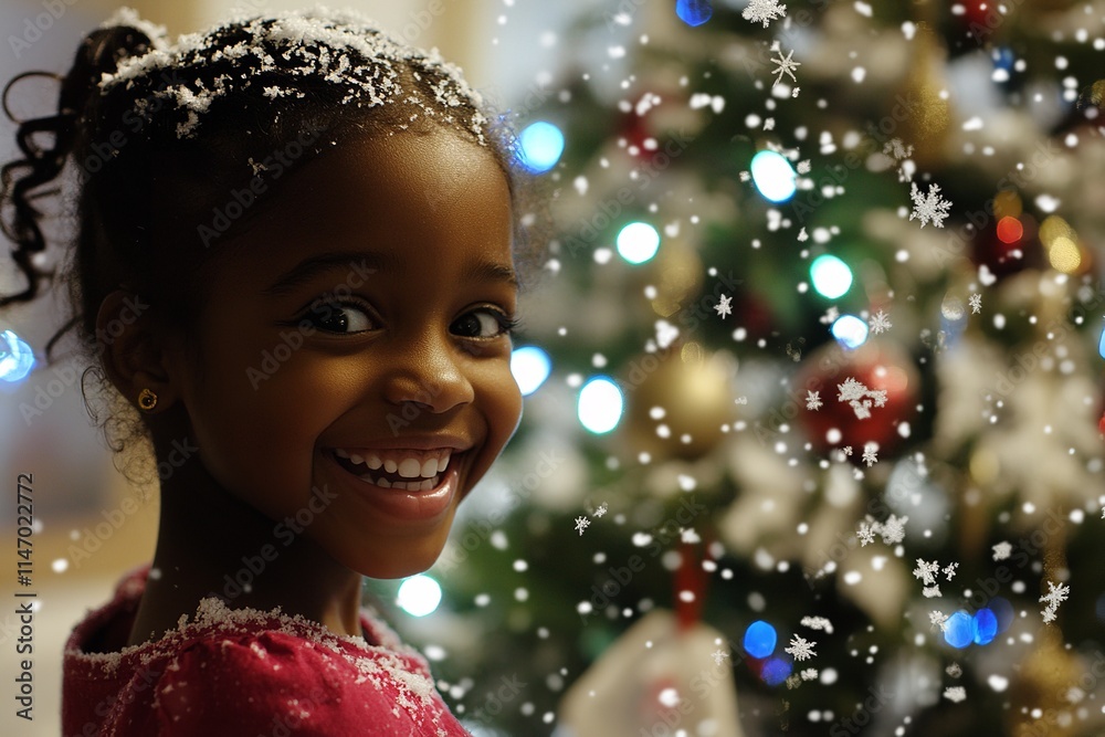 Smiling Young Girl in Front of Decorated Christmas Tree with Falling Snowflakes Smiling Young Girl in Front of Decorated Christmas Tree with Falling Snowflakes