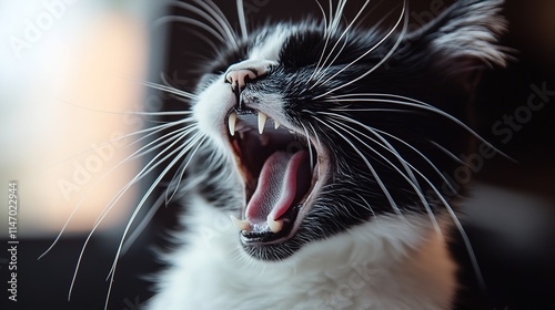 Yawning black and white cat showcases playful energy and adorabl photo