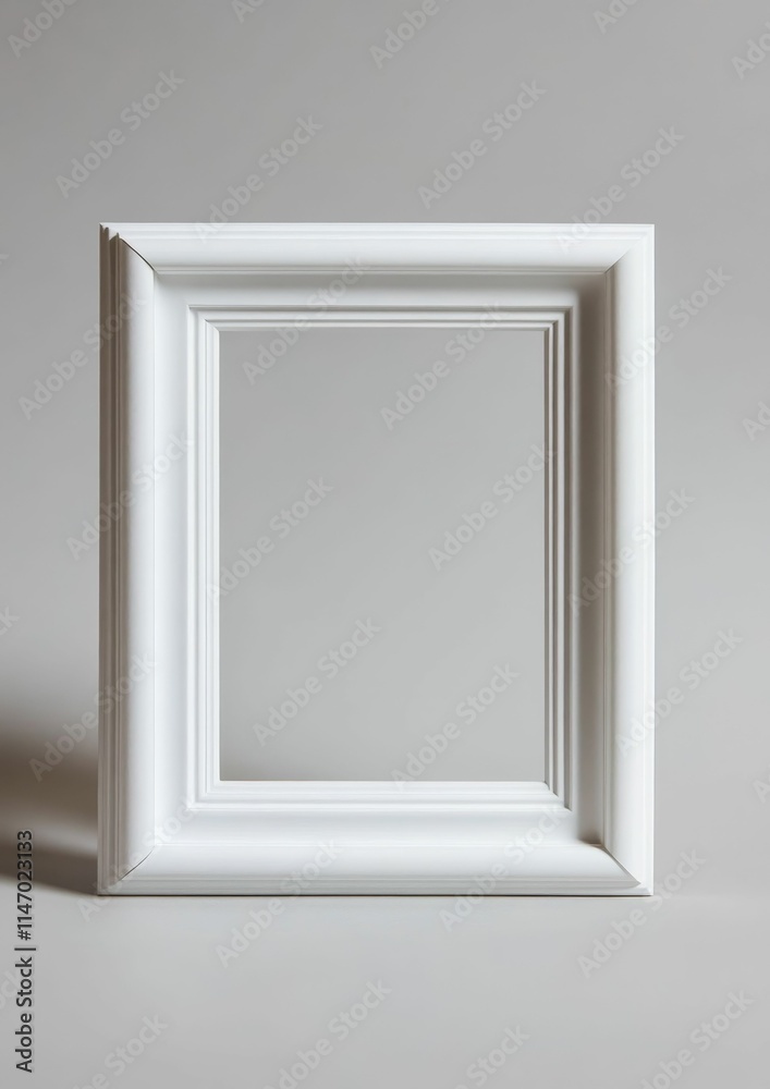 White picture frame, empty, simple design, plain background. White picture frame, empty, simple design, plain background.