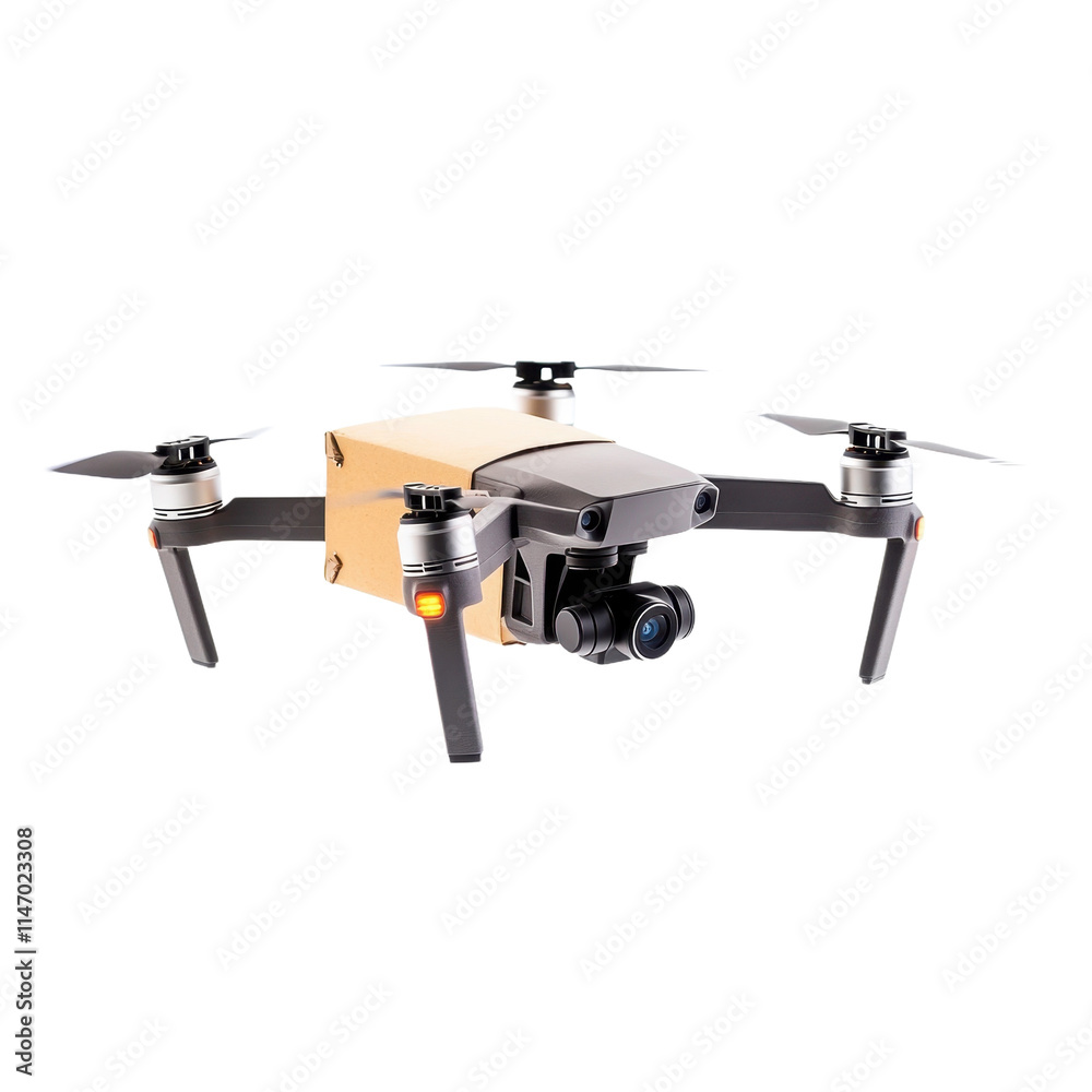 Delivery drone carrying a cardboard package, isolated on a white background. Delivery drone carrying a cardboard package, isolated on a white background.