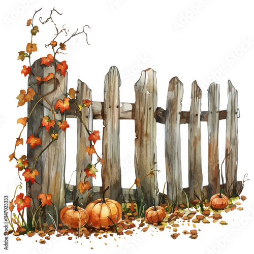 A watercolor vector painting of a rustic farm fence adorned with fall vines and pumpkins, isolated on a white background. Rustic farm fence vector.

