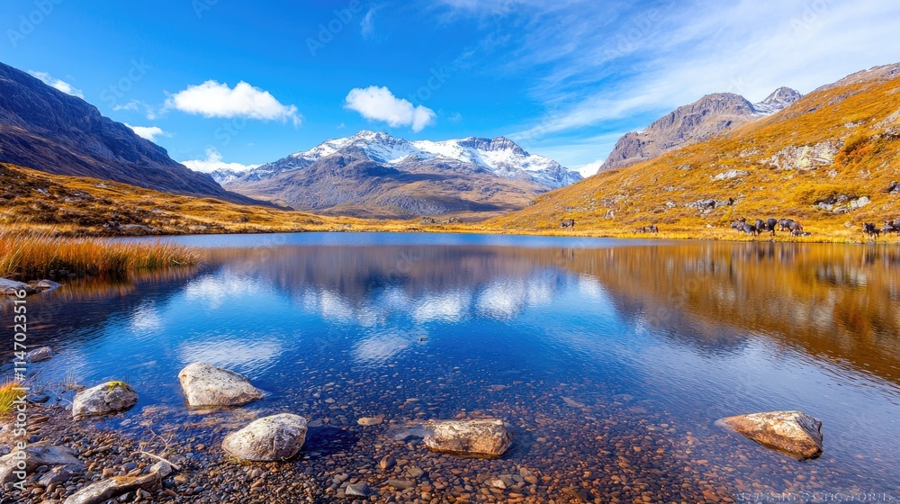 Obraz premium Calm lake reflecting mountains under a blue sky.