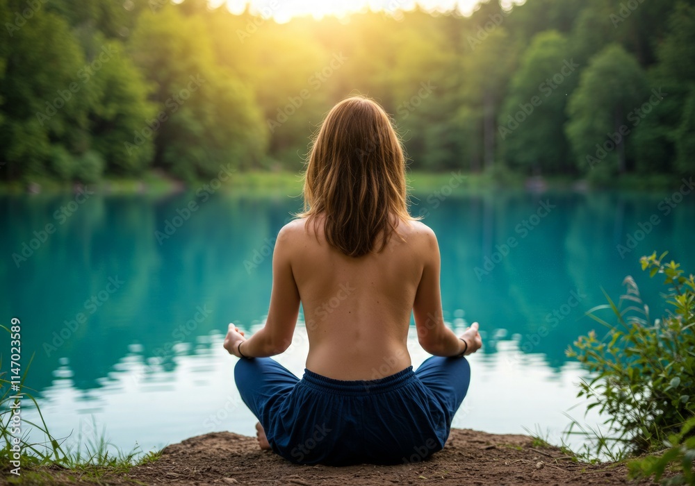 Back view of a woman meditating shirtless near a calm lake, capturing serenity, self-connection, and natural stillness in a peaceful outdoor setting