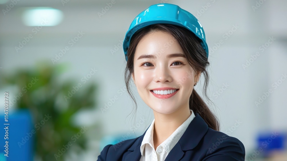 Smiling female engineer in blue hard hat.