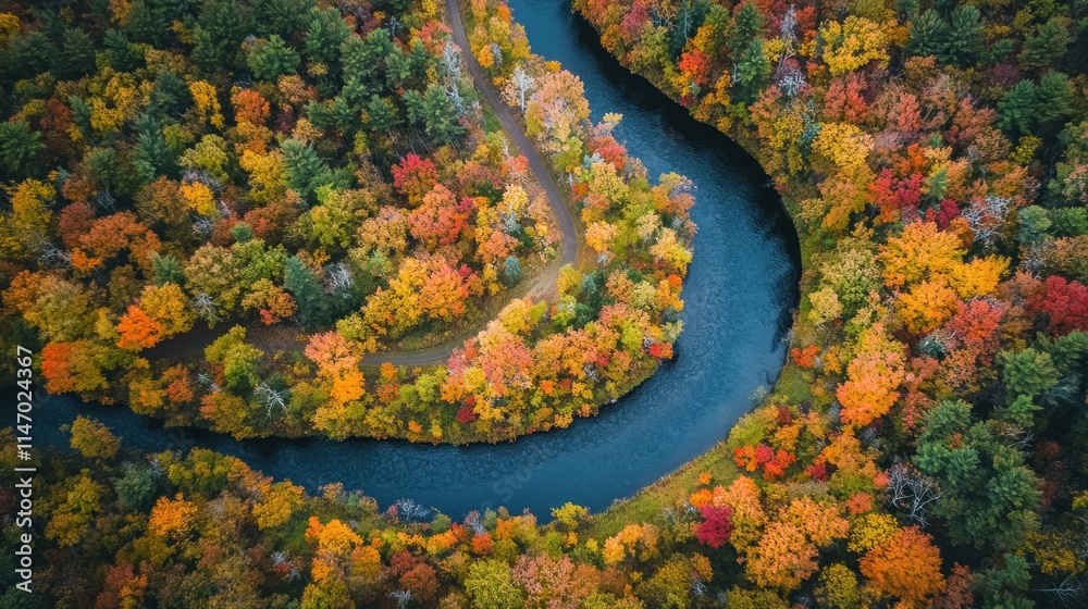 Aerial view of a winding river through a colorful forest in autumn. Aerial view of a winding river through a colorful forest in autumn.