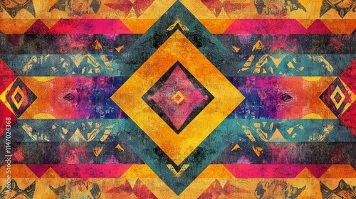 Abstract geometric textile; vibrant colors, textured surface.