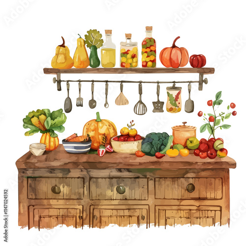 A watercolor vector painting of a rustic farmhouse kitchen with fall vegetables and fruits, isolated on a white background. Rustic farmhouse kitchen vector.

