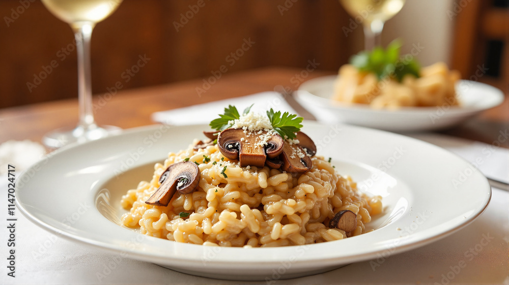 Creamy mushroom risotto served on plate Creamy mushroom risotto served on plate