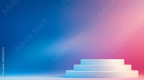 A white podium on a blue and pink background