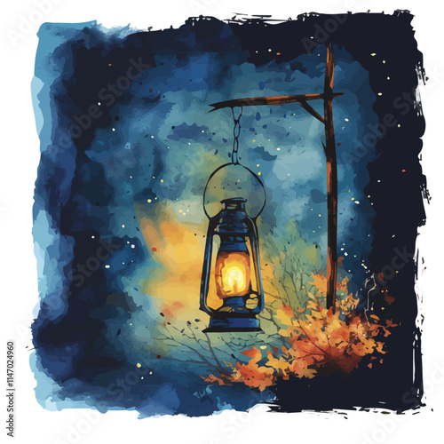 A watercolor vector painting of a rustic lantern glowing under the autumn night sky, isolated on a white background. Rustic lantern vector.

