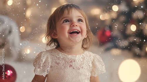 Cheerful Child in White Lace Dress Amid Snowy Christmas Background with Lights and Ornaments photo