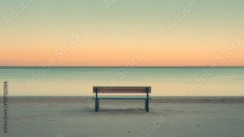 A single bench on a beach, placed on smooth sand under a soft minimalist sunrise