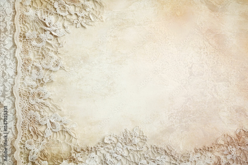 Fototapeta premium Beige textured background, delicate lace border.