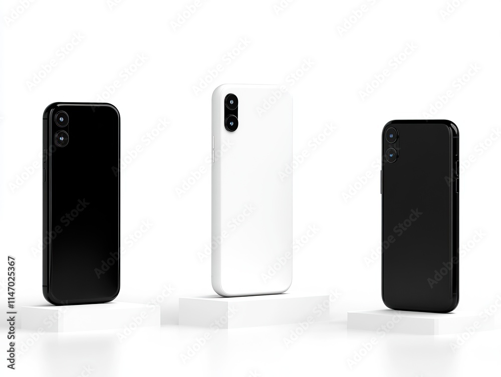 Sleek Modern Smartphones Displayed on Pedestals in Black and White Variants Sleek Modern Smartphones Displayed on Pedestals in Black and White Variants