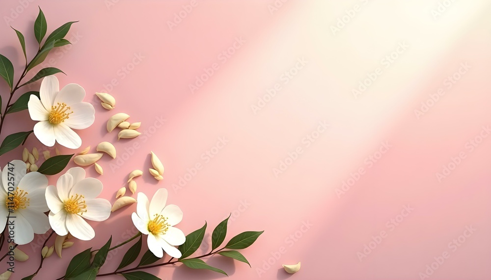 Naklejka premium Fondo de primavera con tono rosado pastel, flores blancas y hojas delicadas en el borde