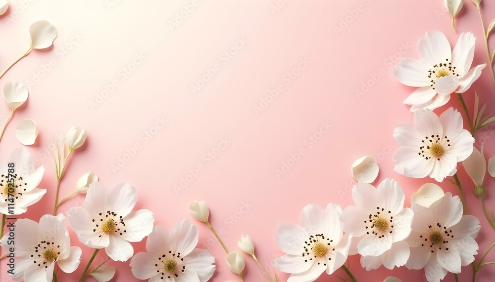 Fondo de primavera con tono rosado pastel, flores blancas y hojas delicadas en el borde Fondo de primavera con tono rosado pastel, flores blancas y hojas delicadas en el borde