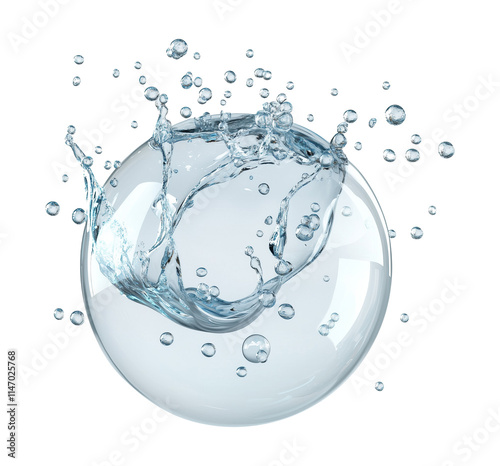 transparent water bubble bursting with dynamic splashes and droplets, isolated on transparency background, showcasing fluid motion and clarity