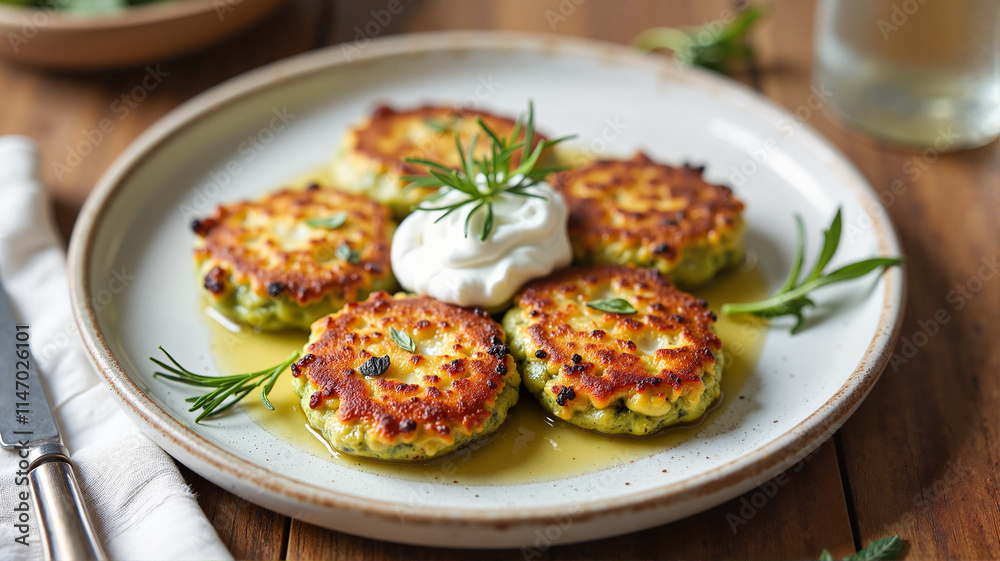Zucchini fritters with sour cream on a plate Zucchini fritters with sour cream on a plate