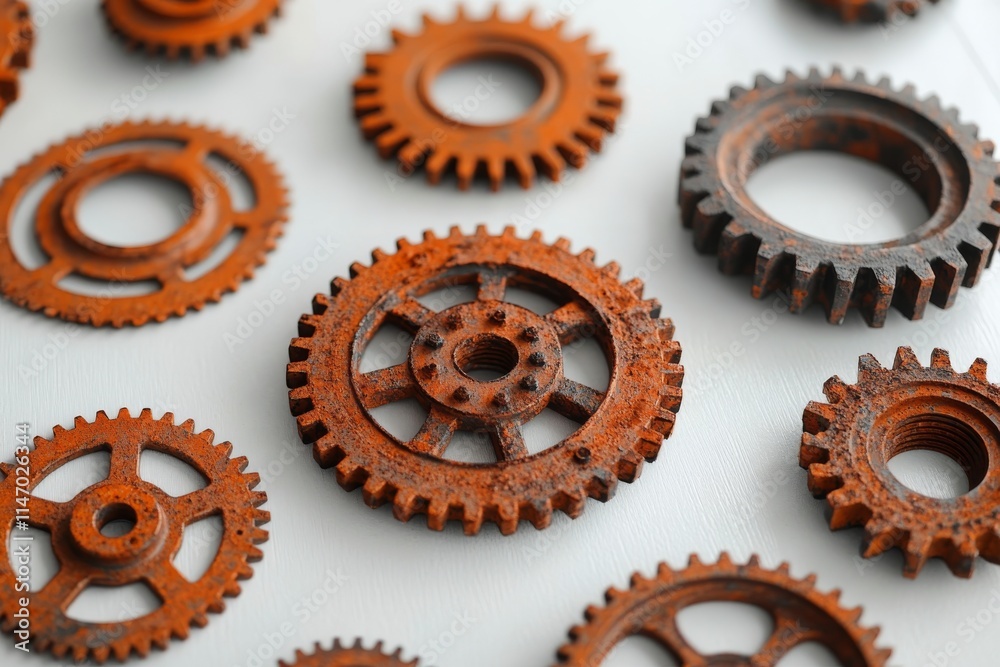 Various rusty gears arranged on a light surface showcasing intricate details of mechanical components in orange