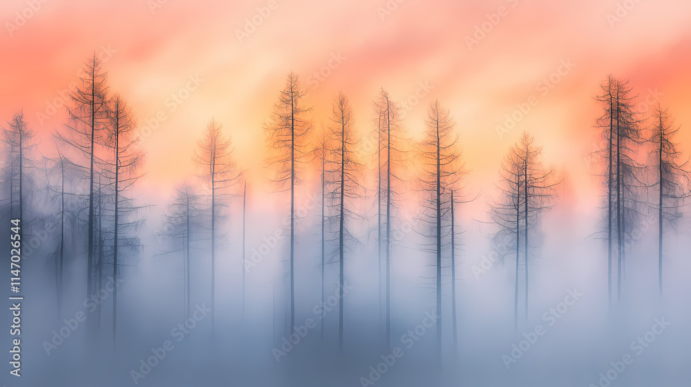 Misty forest at dawn in magazine photography style. Misty. Illustration Misty forest at dawn in magazine photography style. Misty. Illustration